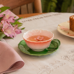 Xícara para chá com pires em porcelana rosa 250 ml