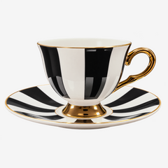 Jogo de xícaras com pires para café em New Bone Optique branco e preto 90 ml 8 peças.