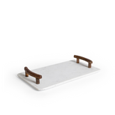 Bandeja em mármore com alça em madeira branco 50x29x7 cm