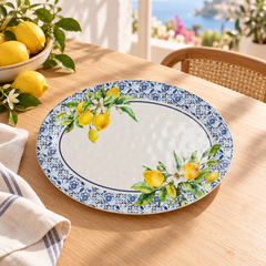 Travessa oval em melamina limão siciliano branco e azul 46x32 cm