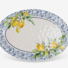 Travessa oval em melamina limão siciliano branco e azul 46x32 cm