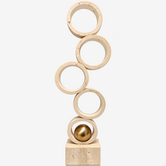 Escultura circulos em mármore esfera em metal dourada 09x37 cm