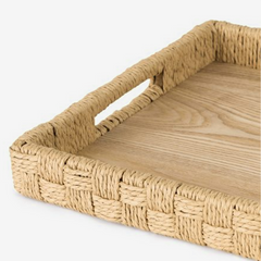 Bandeja em fibra natural com alça entrelaçada bege 47x32 cm