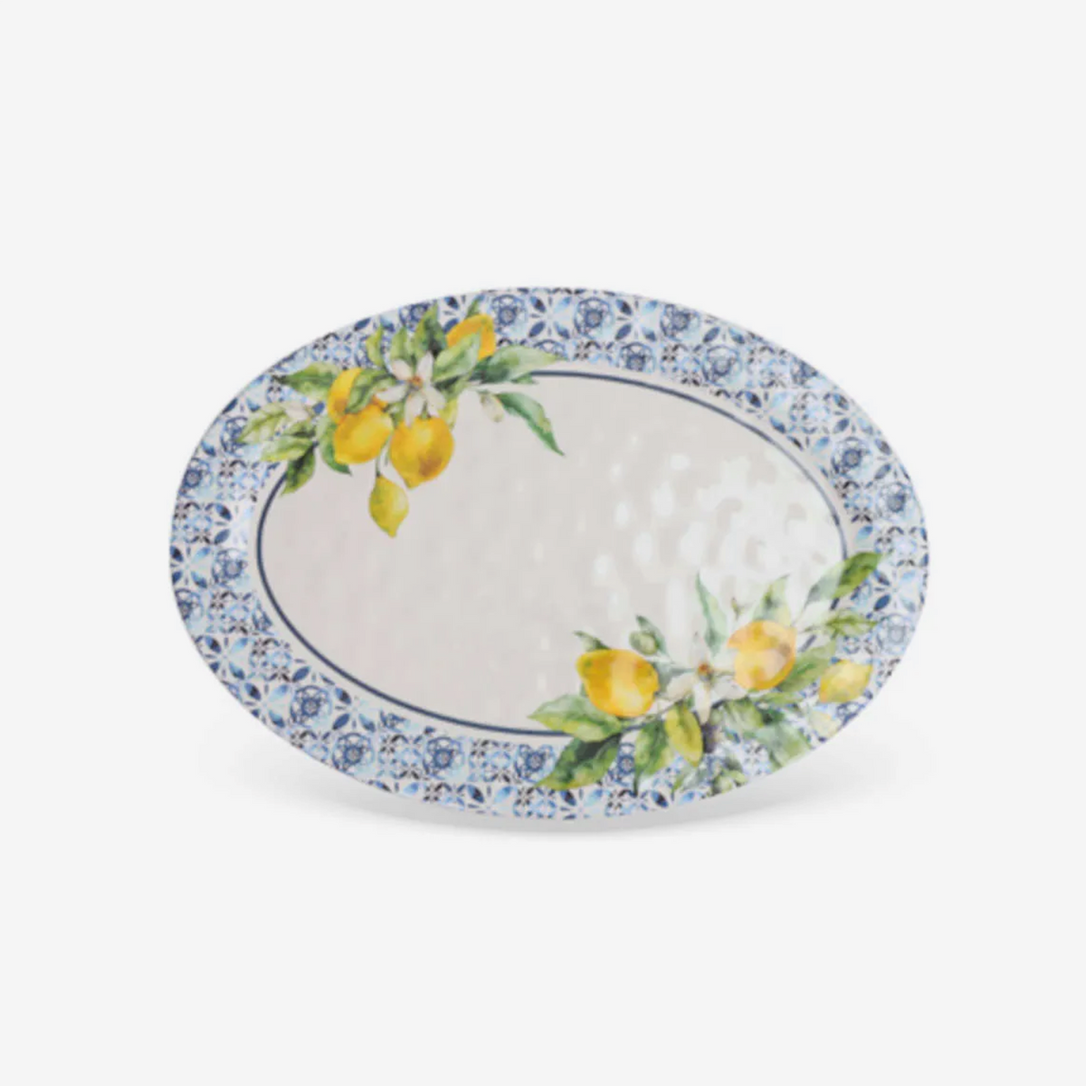Travessa oval em melamina limão siciliano branco e azul 46x32 cm