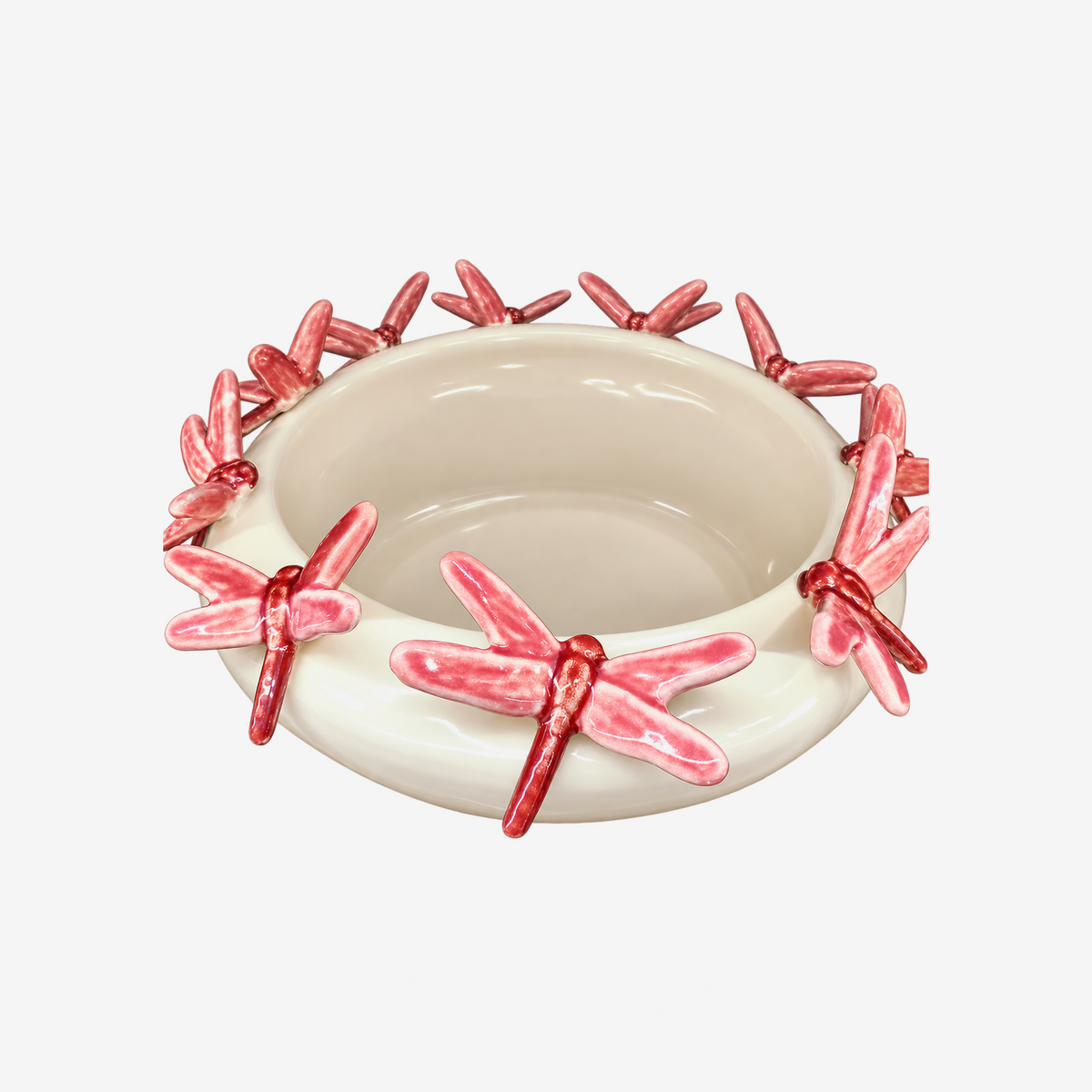 Centro de mesa em cerâmica Libélulas bege e rosa 32x12 cm