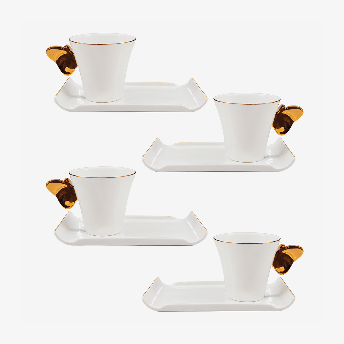 Jogo de xícaras com pires para café em New bone Papillon filete dourado 80 ml 8 peças