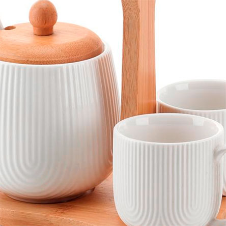 Jogo de xícaras para café cerâmica Oasis suporte bambu branco 90