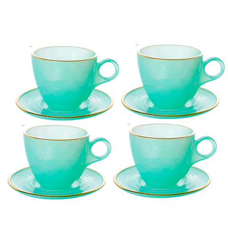 Jogo de xícaras de vidro para chá Matte verde borda dourada com