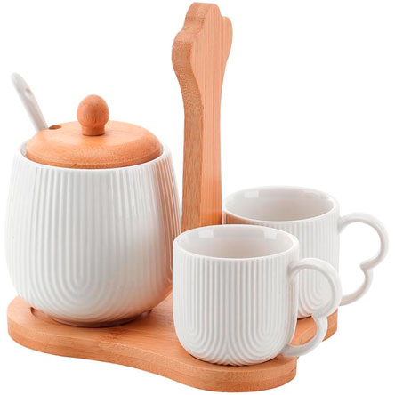 Jogo de xícaras para café cerâmica Oasis suporte bambu branco 90