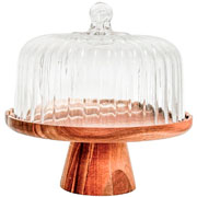 Boleira com pedestal de madeira e tampa de vidro 27x24 cm. 