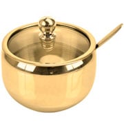 Açucareiro em aço inox com colher dourado 11 cm . 
