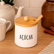 Açucareiro de vidro Doha branco com colher de bambu 300 ml 