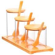 Jogo de porta condimentos de vidro om colher bambu  07 peças 