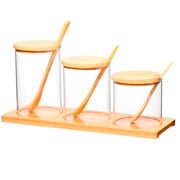 Jogo de porta condimentos de vidro om colher bambu  07 peças 