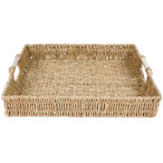 Bandeja em fibra natural com alça de bambu bege 38x28 cm. 