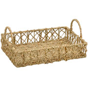 Bandeja em fibra natural entrelaços com alça bege 40x30 cm 