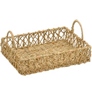 Bandeja em fibra natural entrelaços com alça bege 36x27 cm 