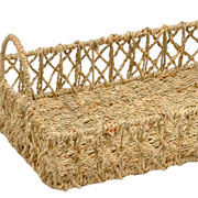 Bandeja em fibra natural entrelaços com alça bege 36x27 cm 