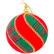 Bola natalina em camurça xadrez vermelho e verde 10 cm. 