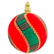 Bola natalina em camurça xadrez I vermelho e verde 12 cm. 