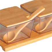 Jogo porta condimentos de bambu quadrado com colher 02 peças 