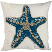 Almofada de Linho Cru bordado Rami estrela do mar azul 52 cm. 