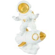 Escultura em resina astronauta no foguete branco e dourado III 18x10 cm. 
