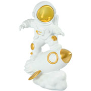 Escultura em resina astronauta no foguete branco e dourado II 20x14 cm 