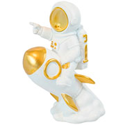 Escultura em resina astronauta no foguete branco e dourado I 18x10 cm 